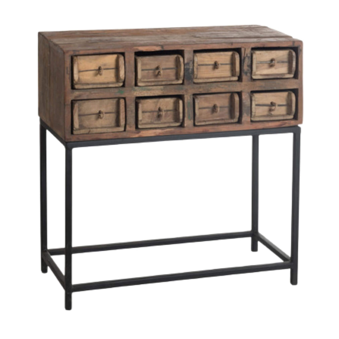 Rustic wooden drawer unit with metal stand, angled perspective.
