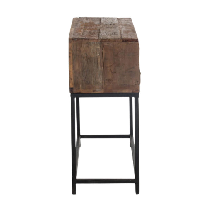 Slim wooden storage cabinet on black frame, side profile.