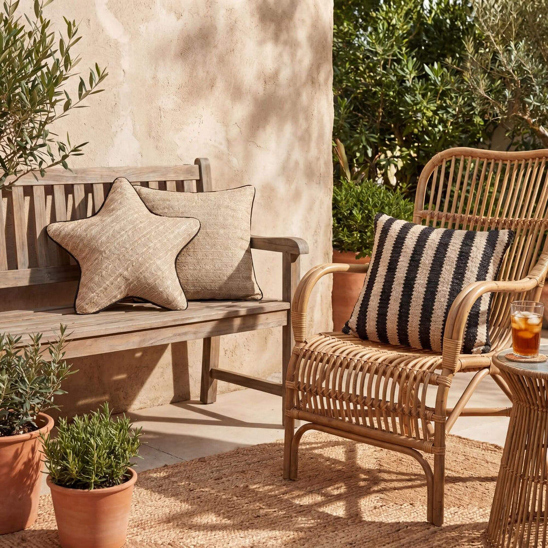 Outdoor seating area with a wooden bench and wicker chair, featuring decorative Beach outdoor cushions and potted plants.