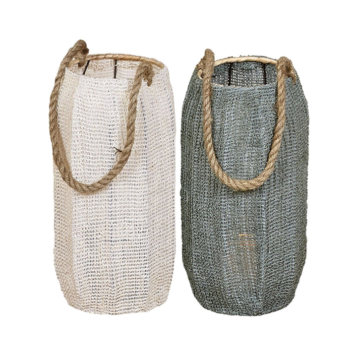 Large Oxana Lantern in natural woven fibers with rope handle.
