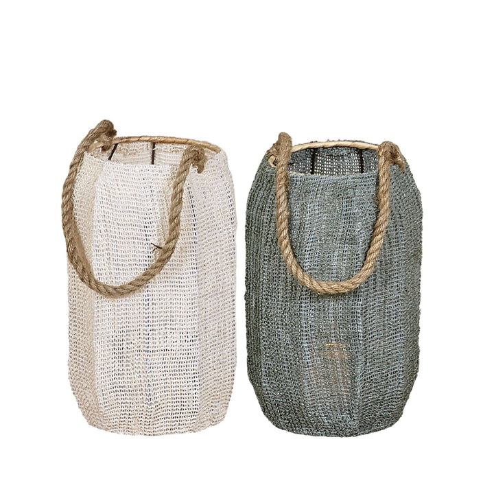 Oxana Lantern in white and green natural fibers with rope handle.