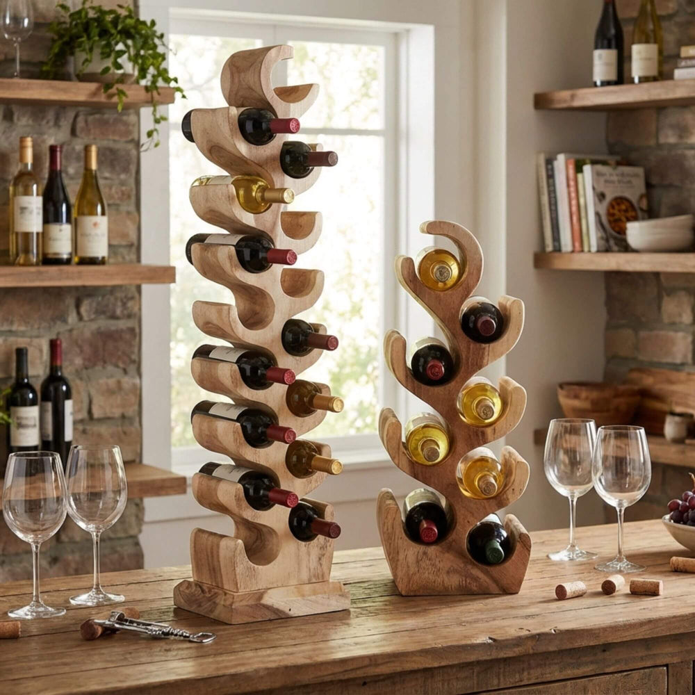 Wooden Osiris wine rack holders with wine bottles on a wooden table in a kitchen setting.