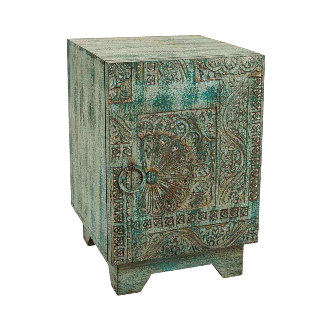 Angled view of the Pachmarhi side table showing its compact structure and textured finish.