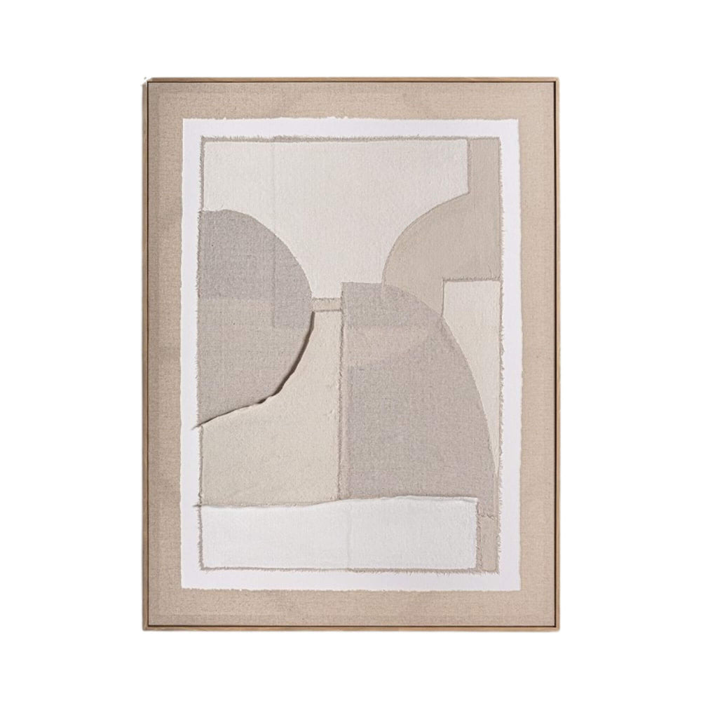 Front view of the Pagai Canvas Painting A featuring abstract neutral shapes in a wooden frame.