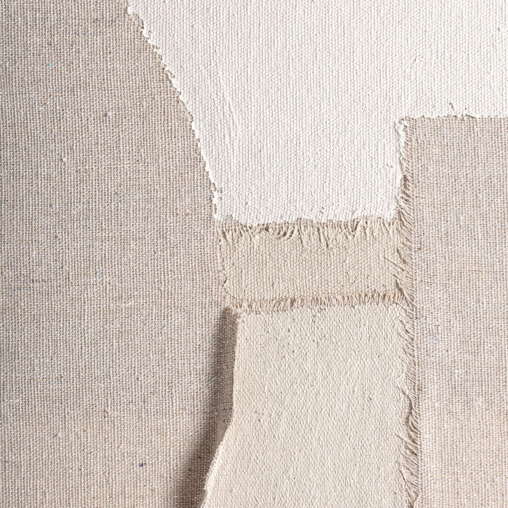 Close-up of the textured canvas surface showing layered neutral brushwork.