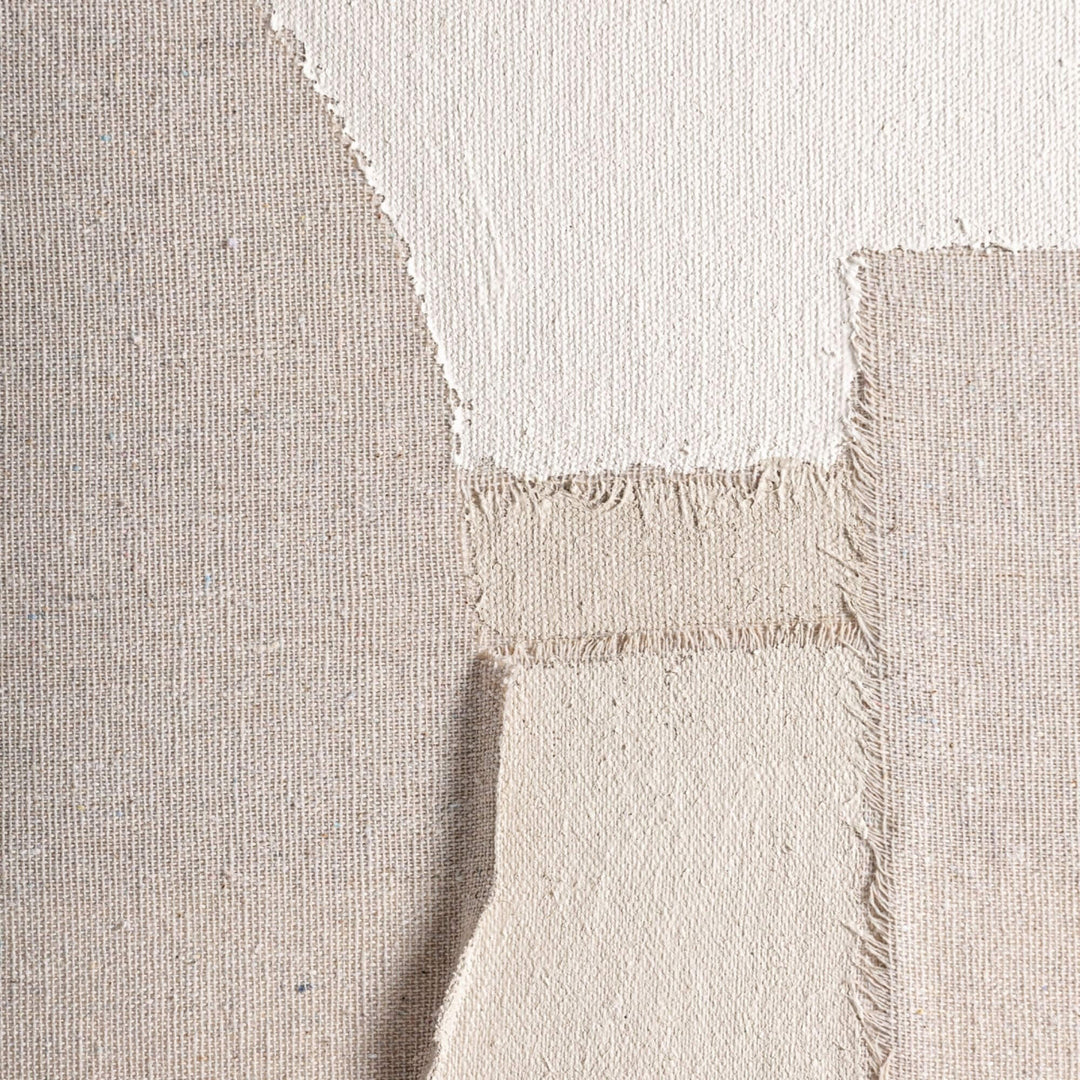Close-up of the textured canvas surface showing layered neutral brushwork.