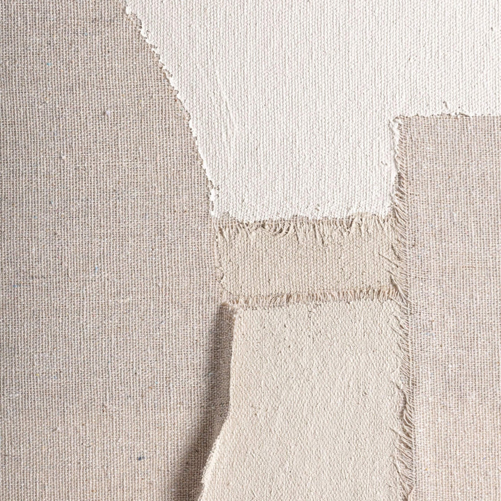 Close-up of the textured canvas surface showing layered neutral brushwork.