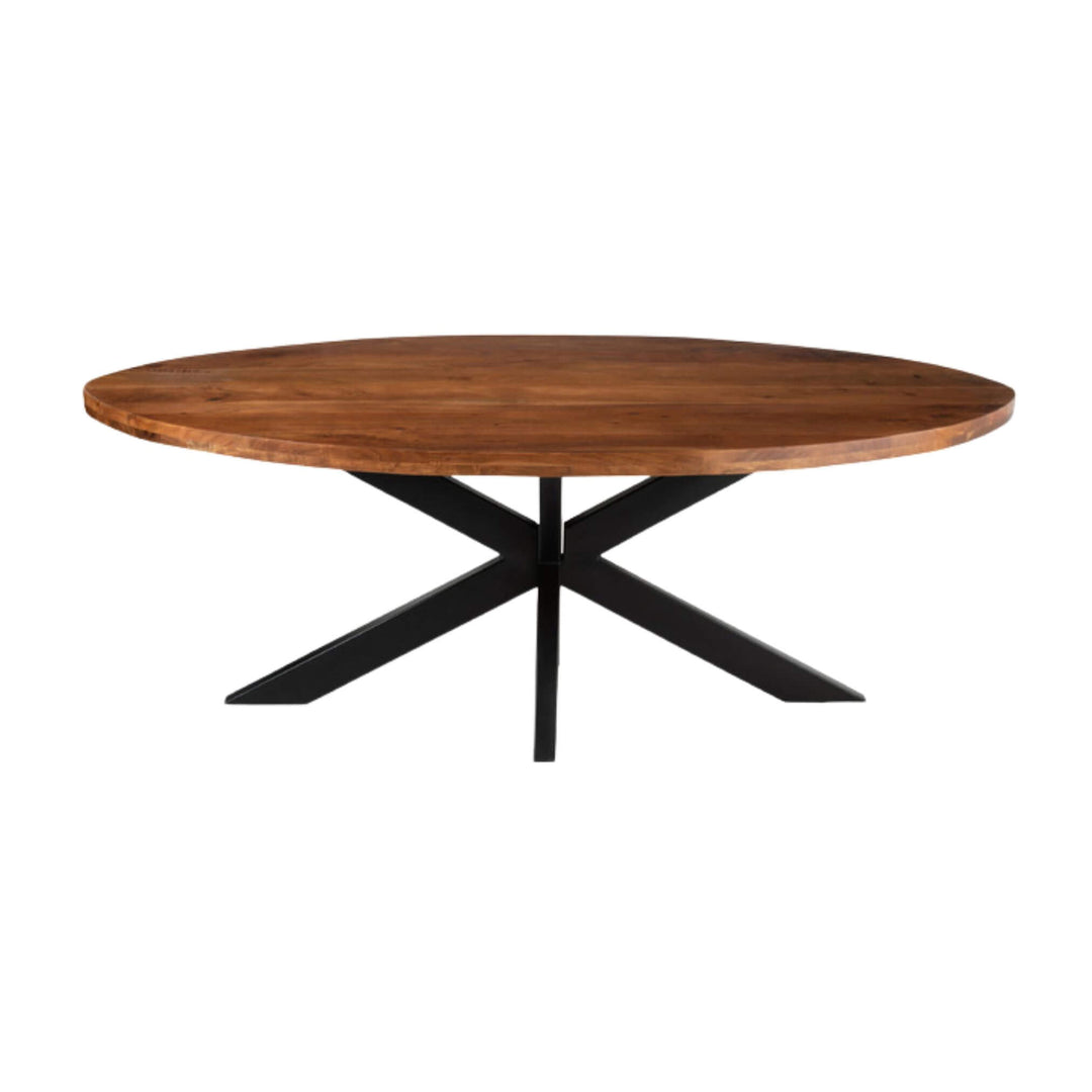 Front view of Pahoa Oval Dining Table with acacia top and black metal base