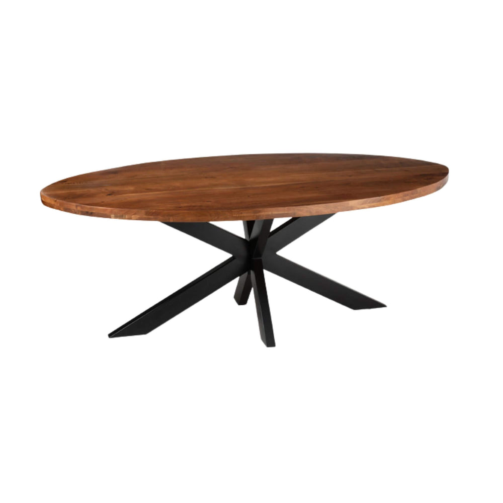 Angled view showing oval acacia tabletop and crossed metal legs