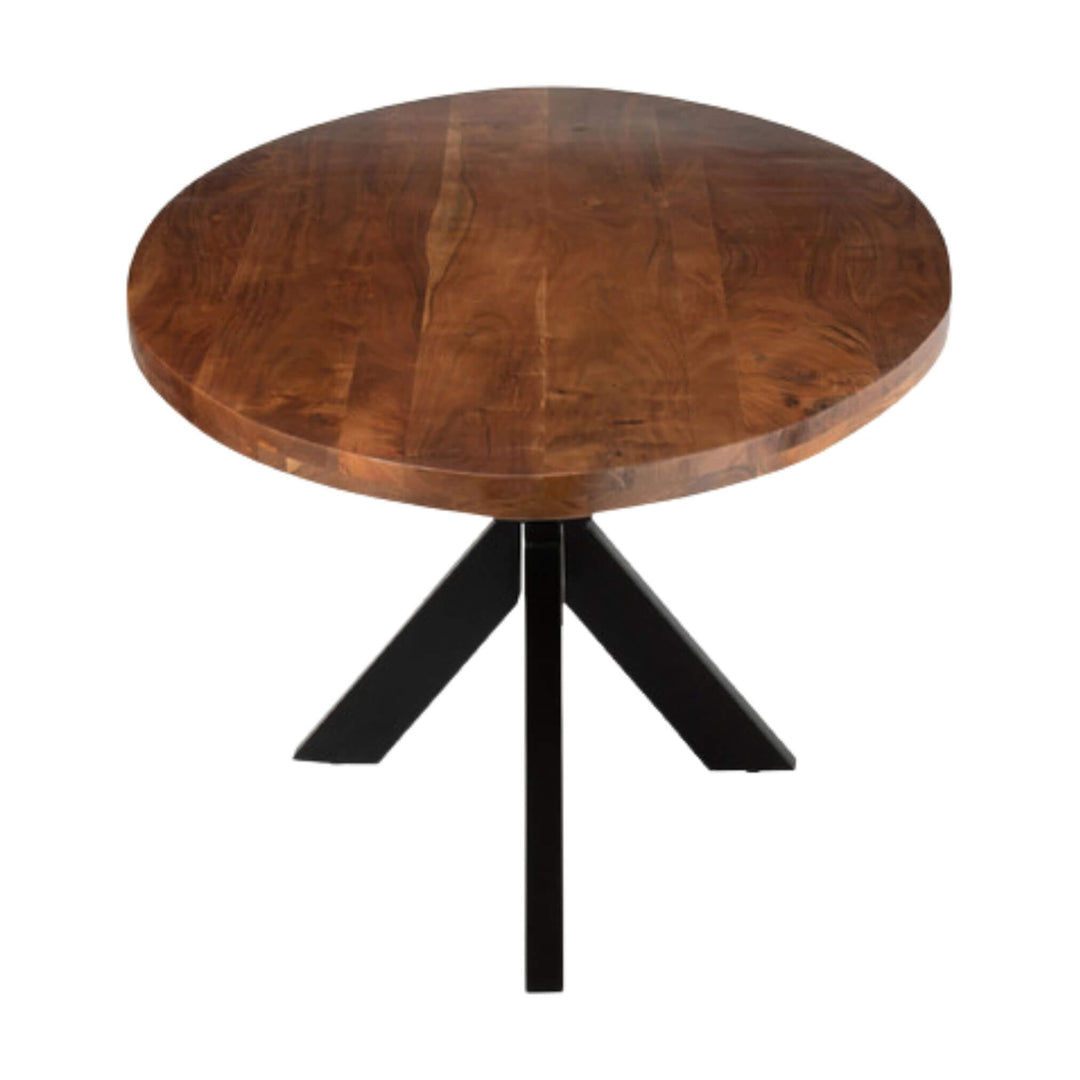 Side profile highlighting beveled edge of acacia tabletop