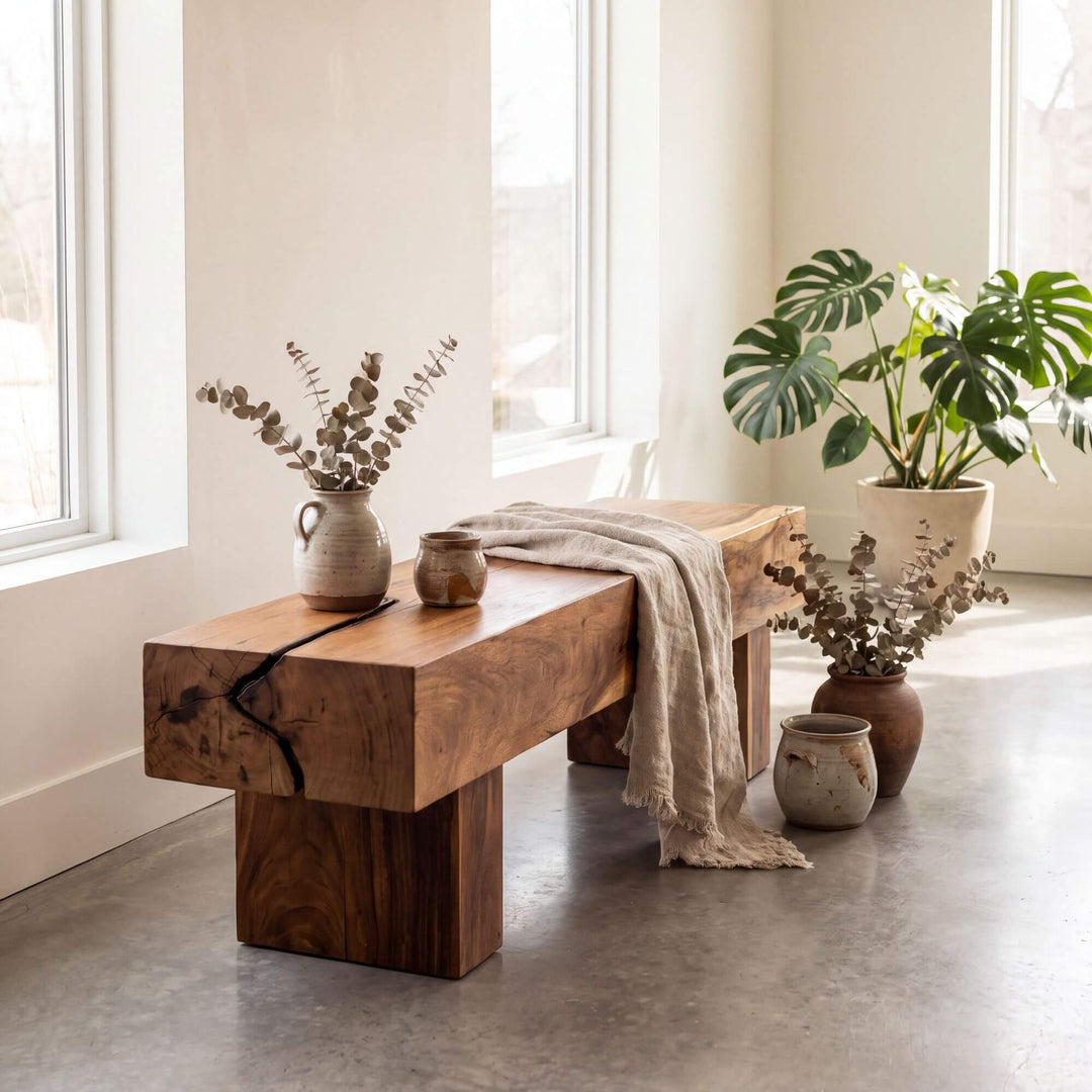 Palawan suar wood coffee table styled in a warm neutral living room with natural decorative accents