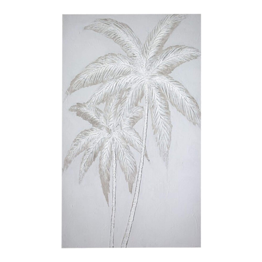 Textured palm tree wall art in neutral beige tones on large canvas.