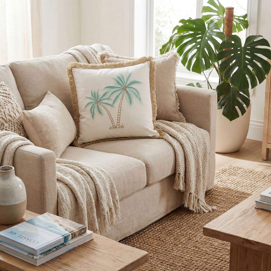 Styled living room setting featuring the Palm Breeze cushion on a sofa with natural decor.