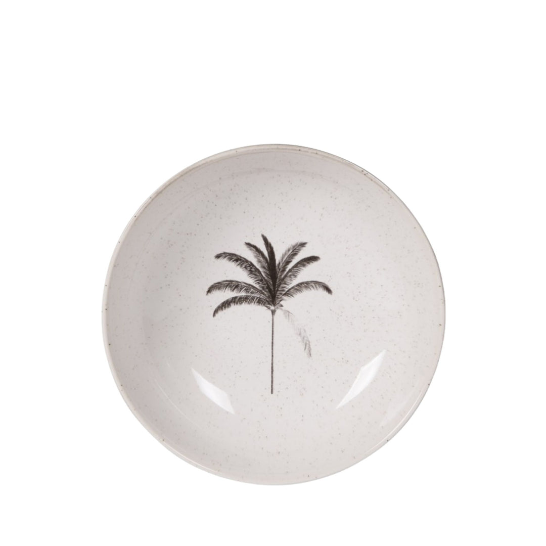 Top view of the Palm ceramic bowl with a delicate black palm motif inside