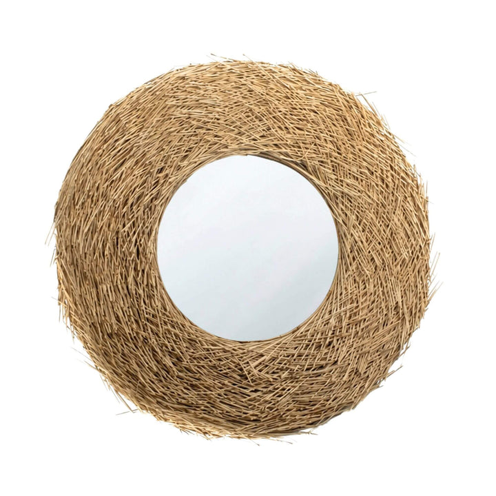 Pandang mirror with natural jute-like frame on a white background