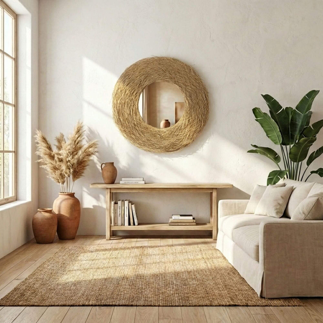 Living room with a round Pandang mirror, wooden console table, and beige sofa.
