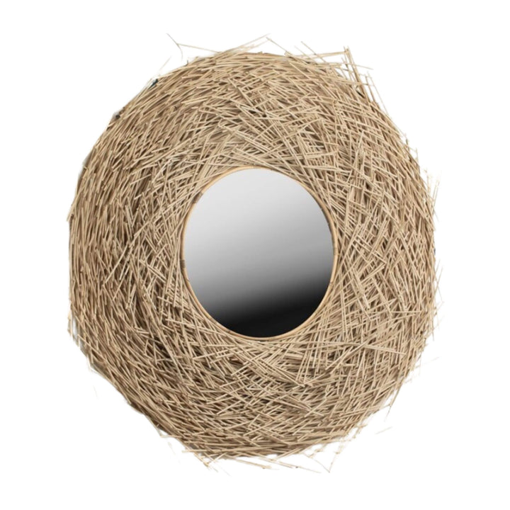Pandang Mirror with round rattan frame and central glass mirror.