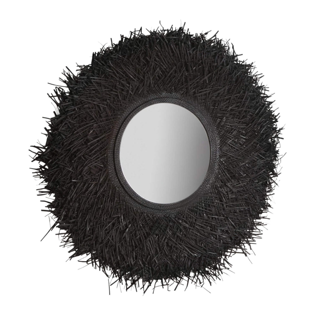 Pandang Mirror with black natural fibers framing a round glass center.