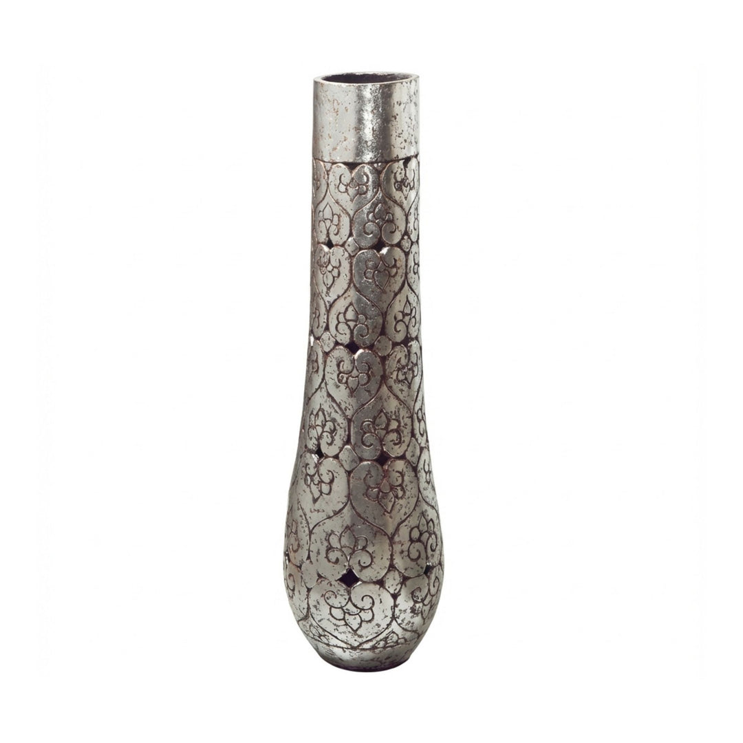 Front view of the Panjang Old terracotta vase with antique carved detailing.