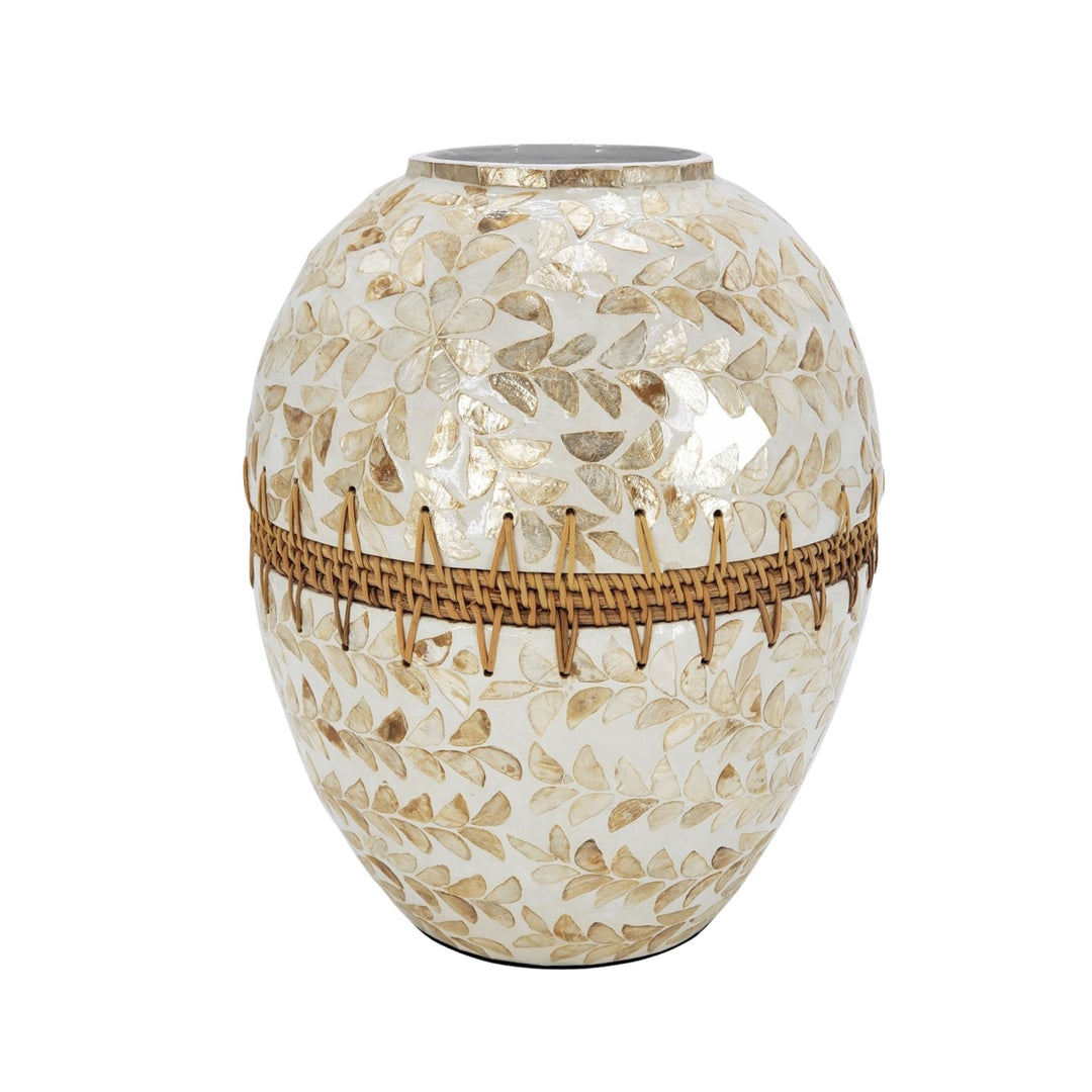 Front view of the Pantai vase showcasing its rounded shape and capiz shell mosaic surface.