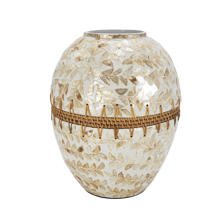 Front view of the Pantai vase showcasing its rounded shape and capiz shell mosaic surface.