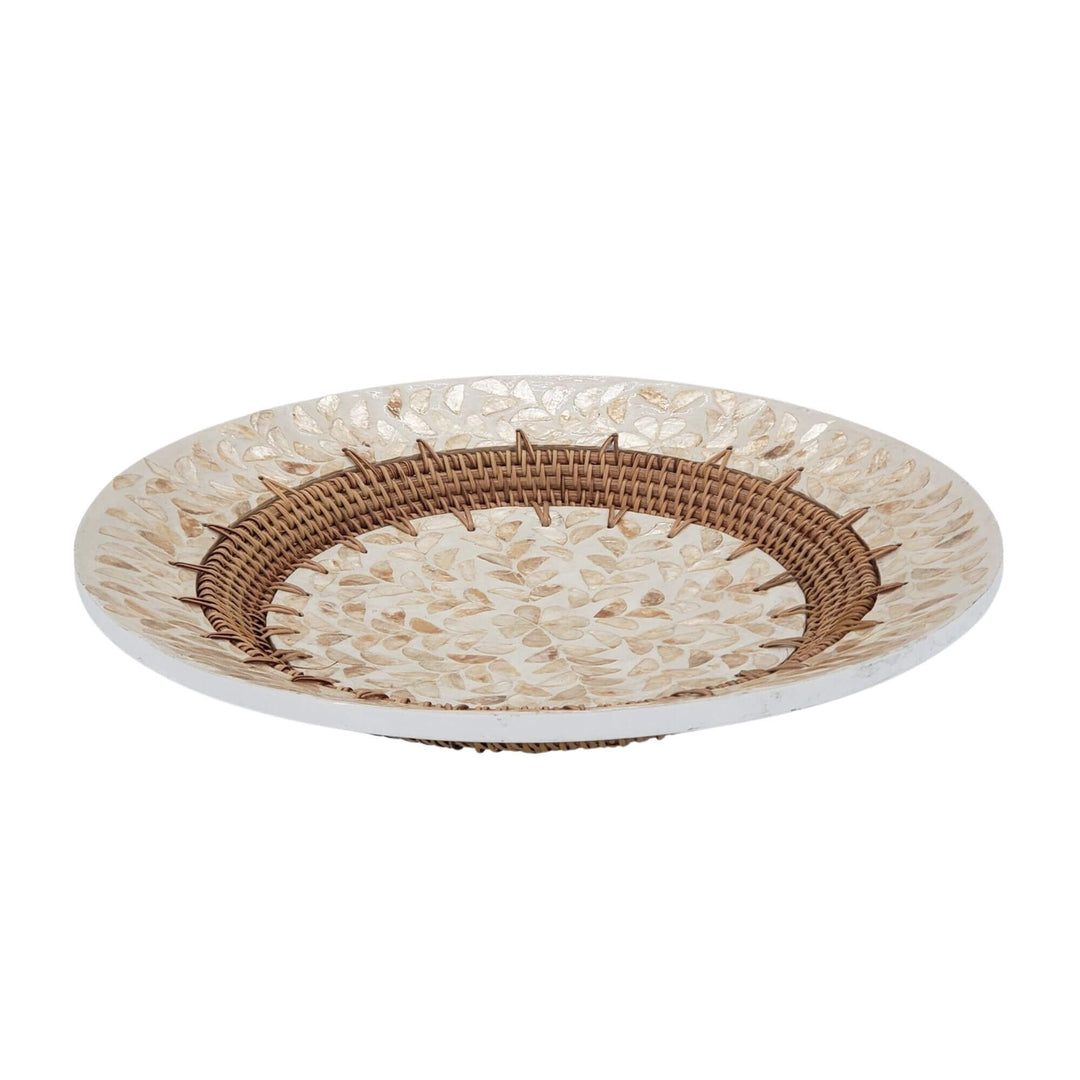 Pantai decorative plate made from capiz shell and rattan with natural pearl finish.