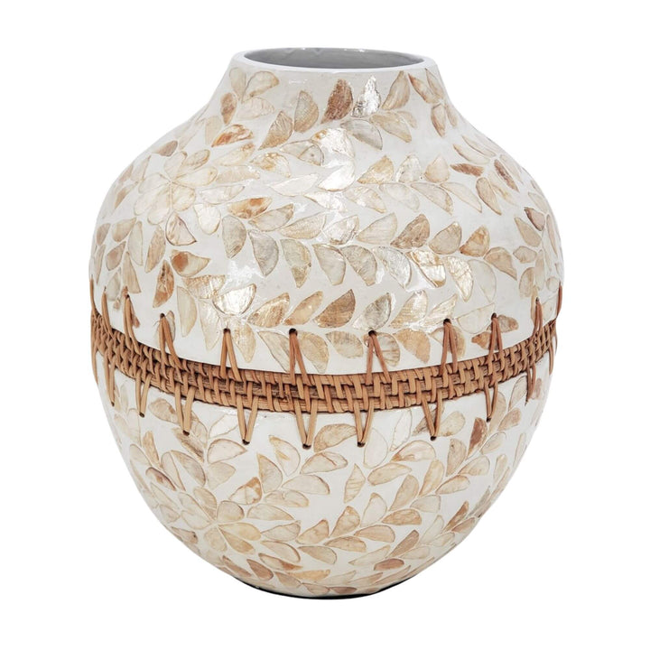 Pantai Vase made from natural capiz shell and rattan with pearl-toned leaf pattern.