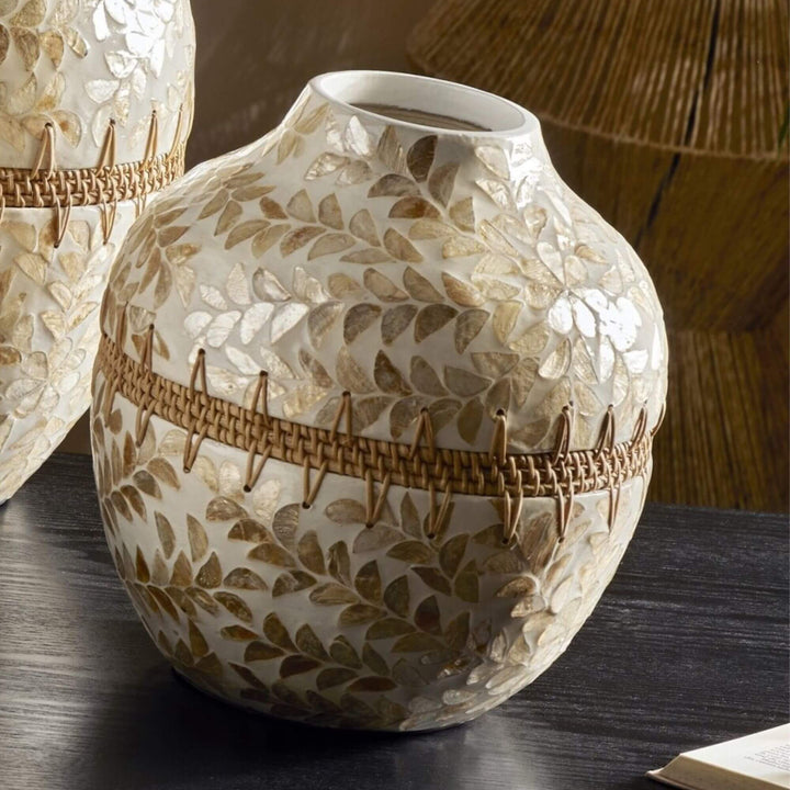 Pantai decorative vase displayed in interior setting with shimmering capiz texture.