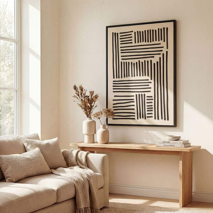 Interior setting showing the Path wall artwork above a console table.