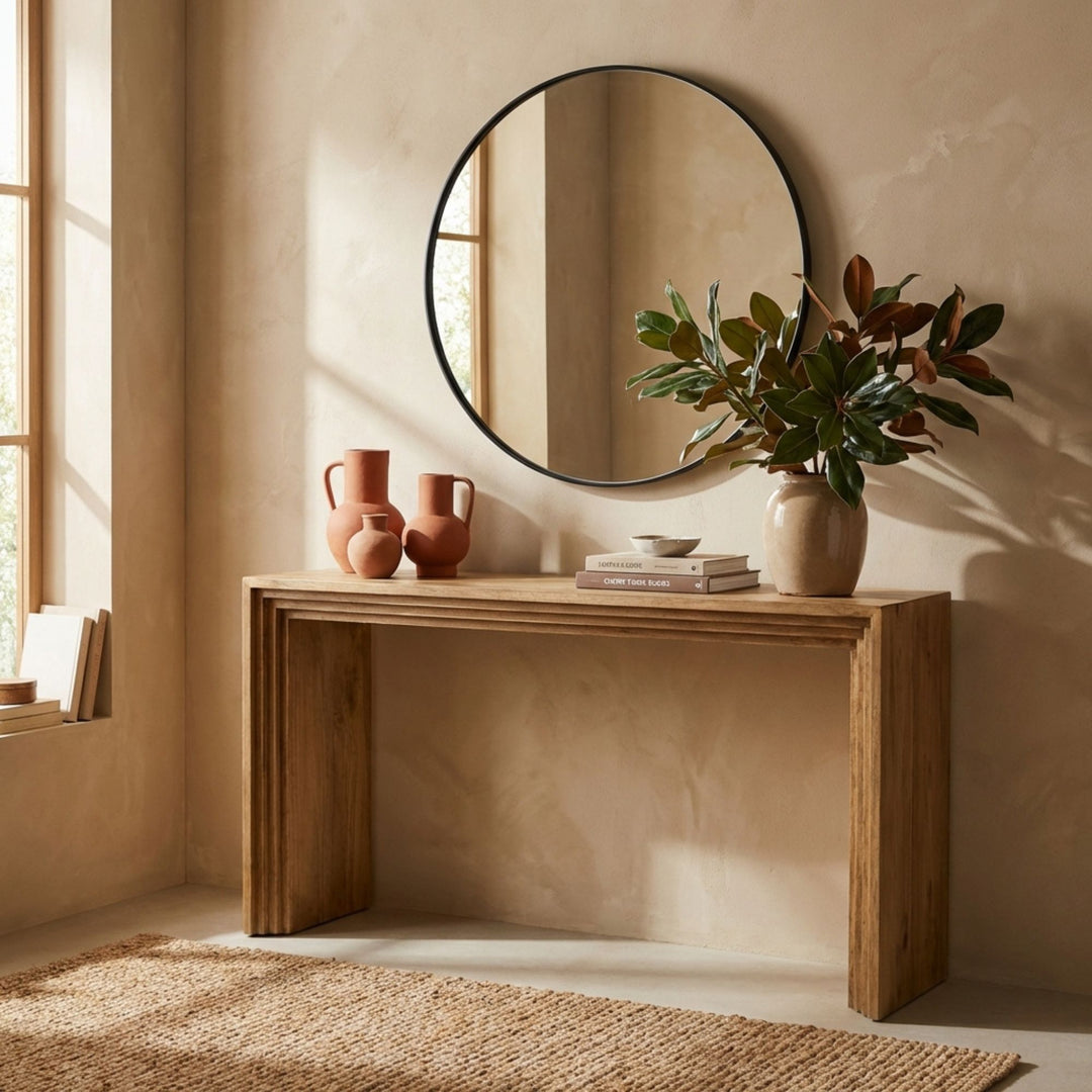 Styled interior setting featuring the Paulownia console beneath a round wall mirror.