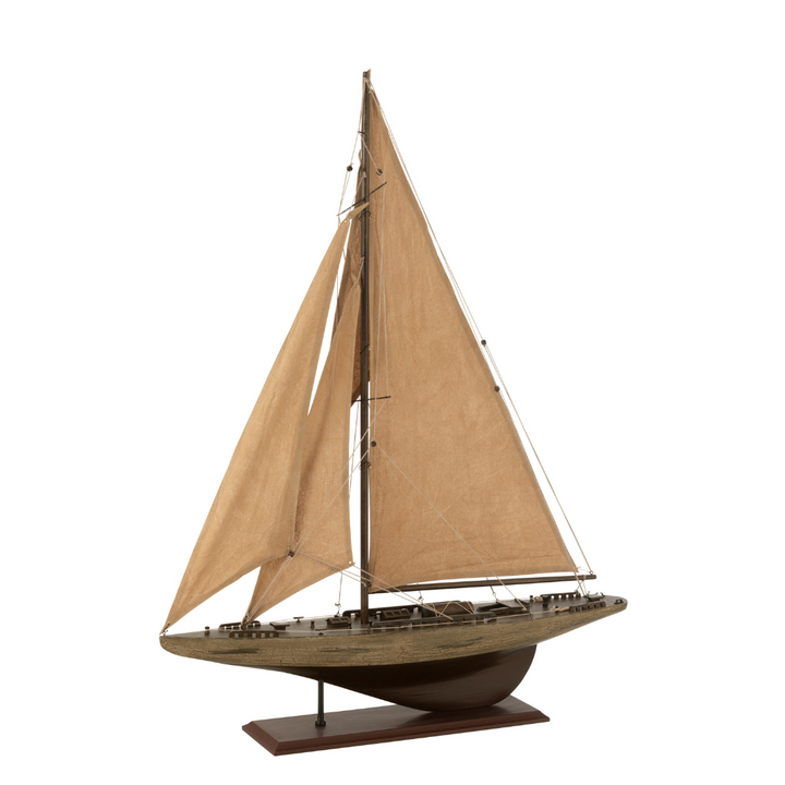 Paulownia wooden sailboat shown from a front angle with beige sails and wooden base.