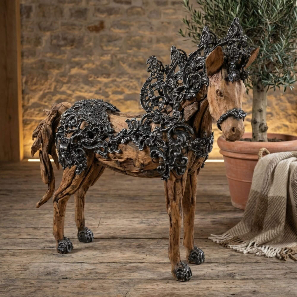 Styled interior view of Pegasus Horse highlighting its sculptural presence and natural wood texture.