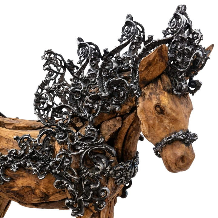 Detail view of Pegasus Horse head showing carved teak wood and intricate iron accents.