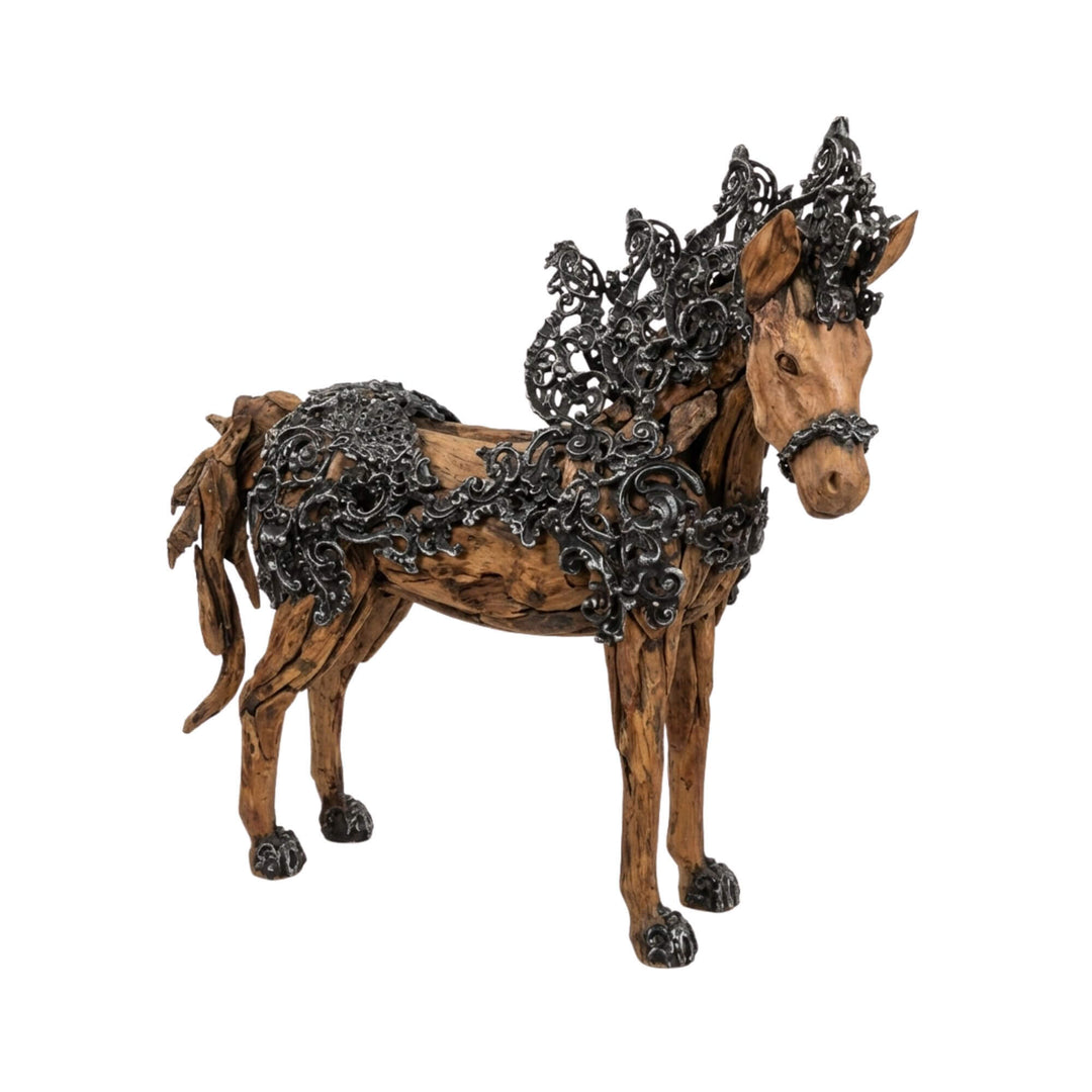 Front view of Pegasus Horse sculpture made from reclaimed teak wood with ornate iron detailing.