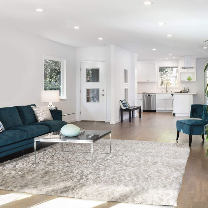 Living room interior featuring the Pella rug in a neutral tone.