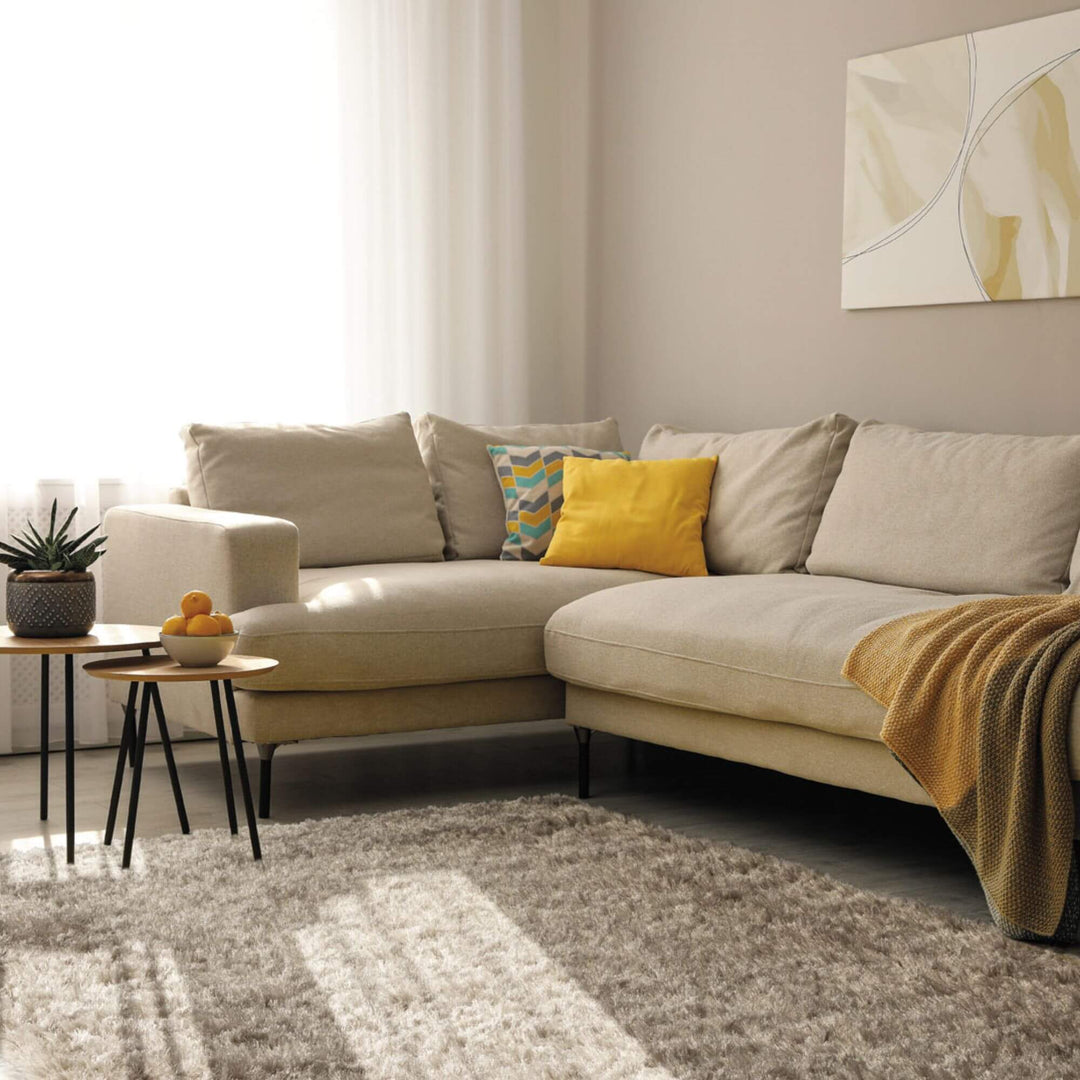 Living room interior featuring the Pella rug in a neutral tone.