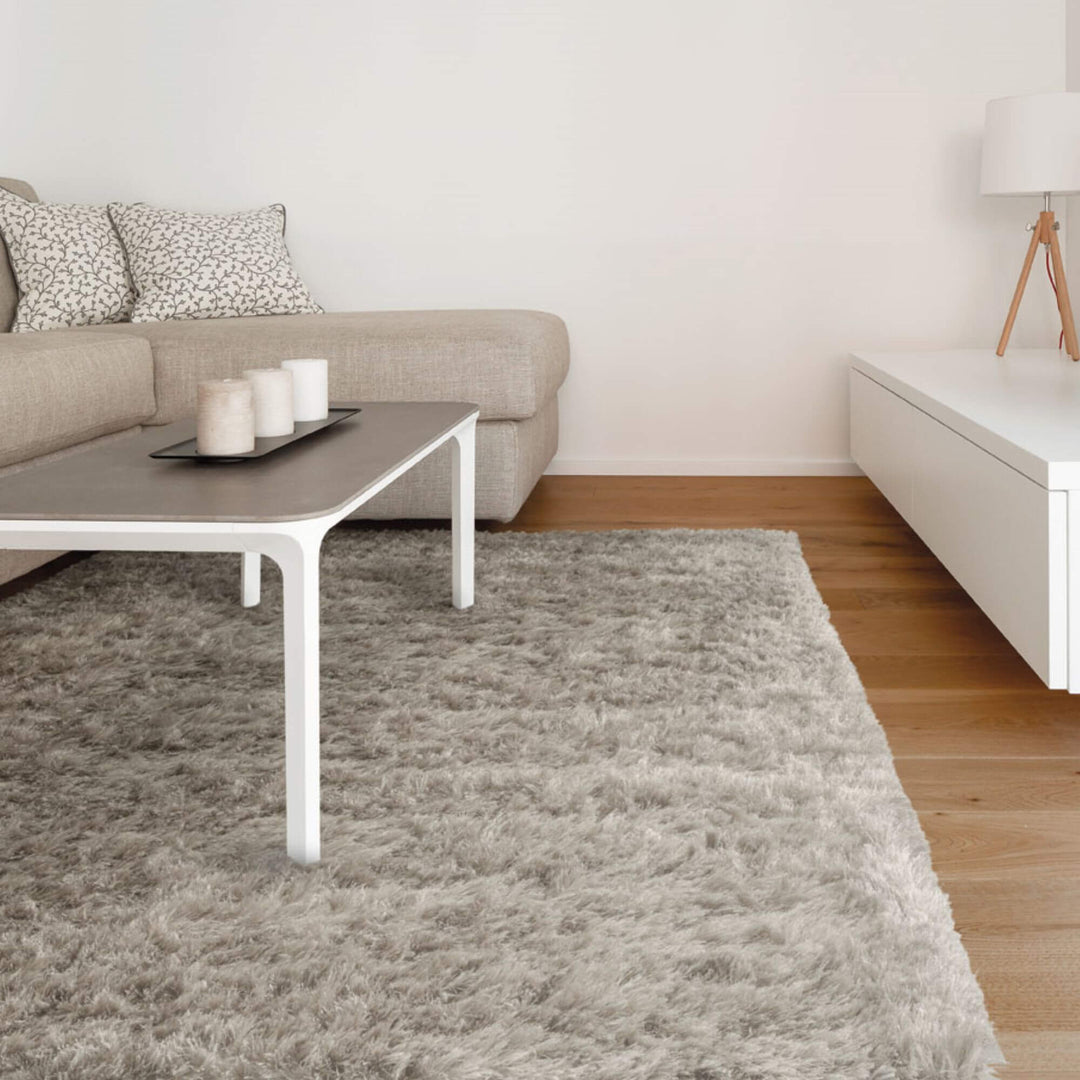 Living room interior featuring the Pella rug in a neutral tone.