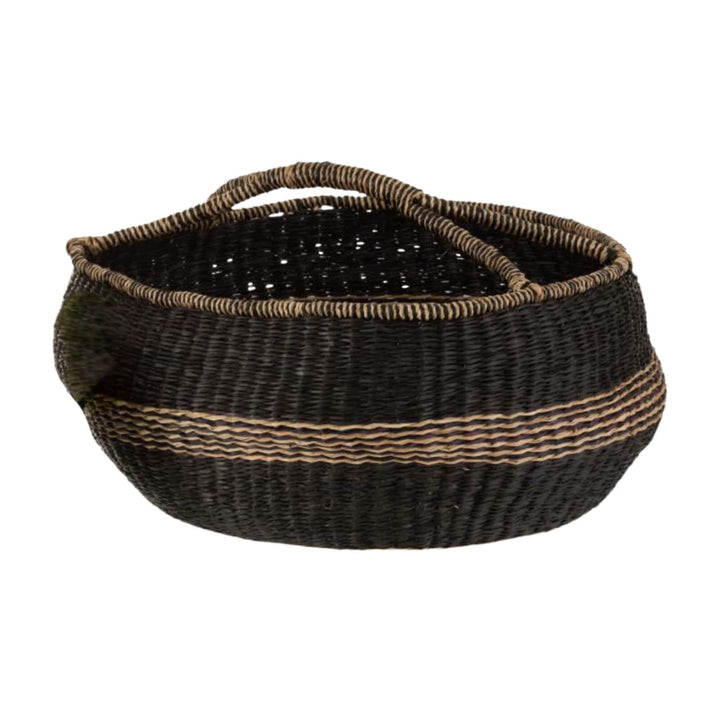 Large Persephone Black basket with wide natural stripe and handles