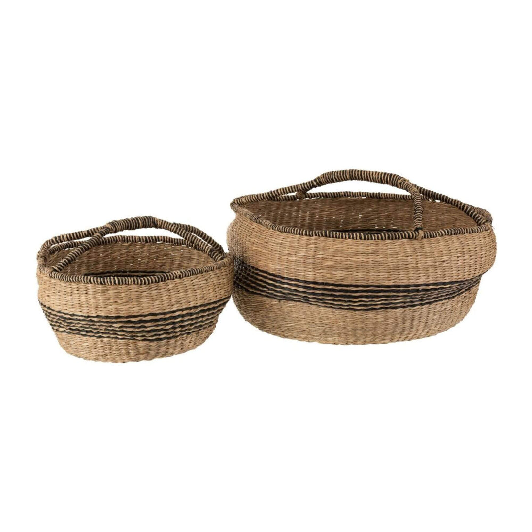 Set of two Persephone Natural Baskets with black stripe detail and handles.