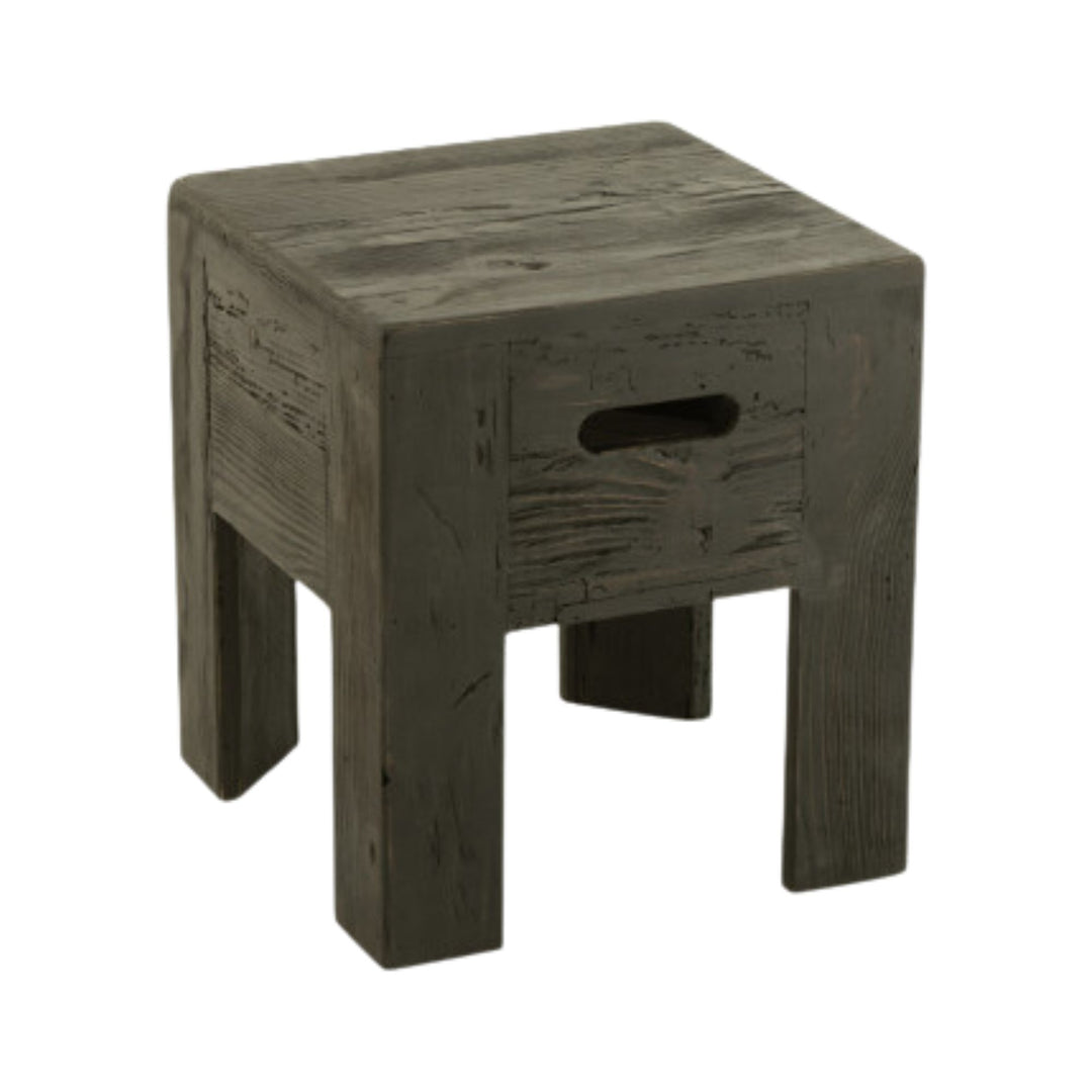 Pine wood square stool with a solid block design and natural wood texture.