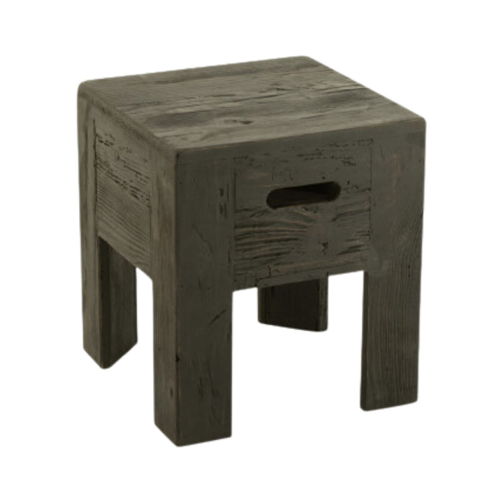 Pine wood square stool with a solid block design and natural wood texture.