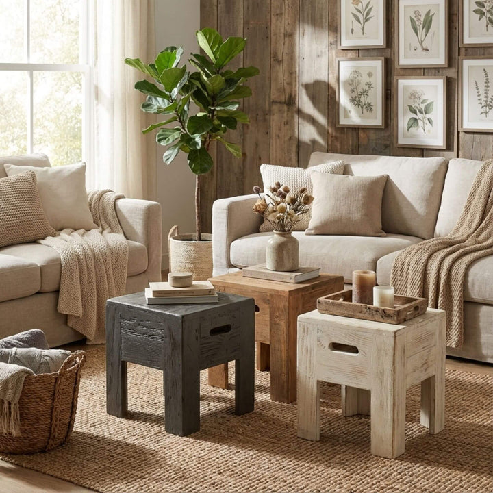 Interior styling view of the pine wood stool used as a side table in a living room.