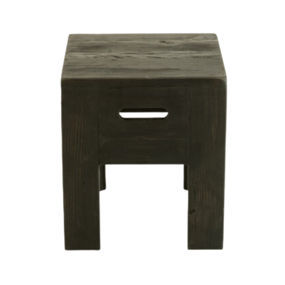 Front view of the square pine wood stool highlighting its clean lines and handle detail.