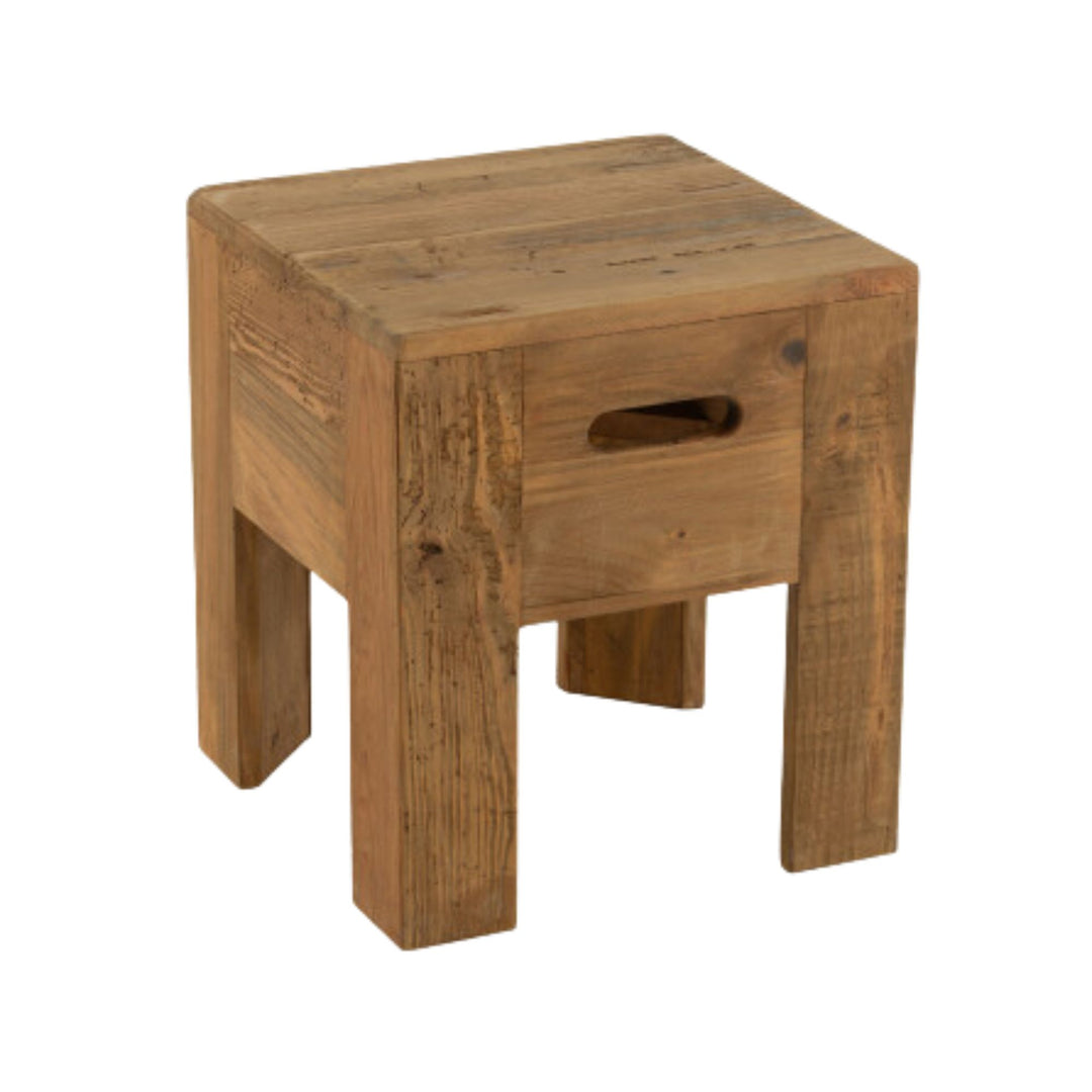 Pine wood square stool with a solid block design and natural wood texture.