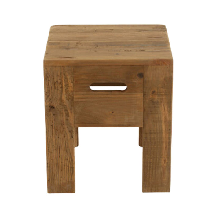 Front view of the square pine wood stool highlighting its clean lines and handle detail.