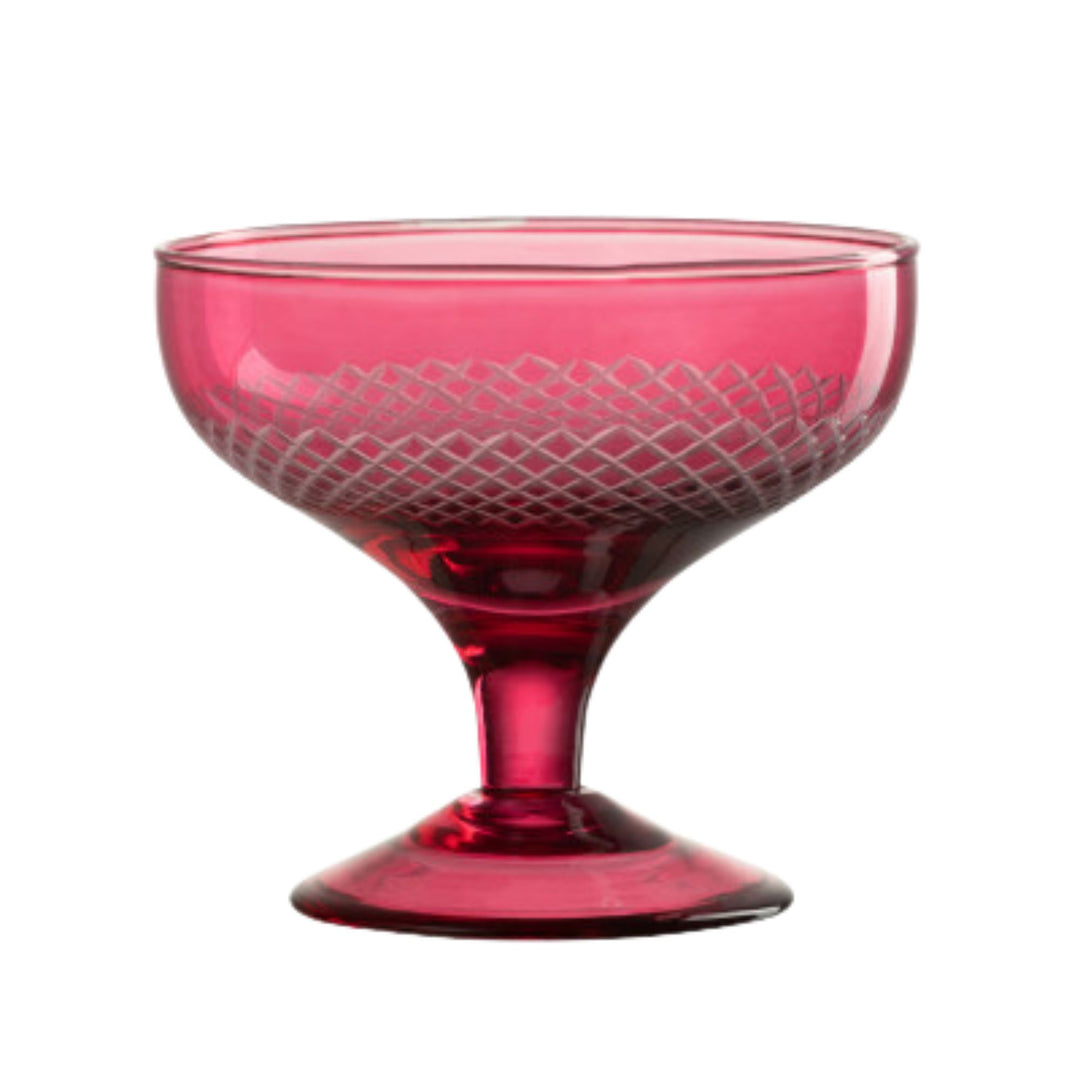 Pink Sousse Glass Cup in textured pink glass, 11.5×11.5×10 cm. A vibrant, footed glass ideal for desserts, cocktails, or elegant table styling.