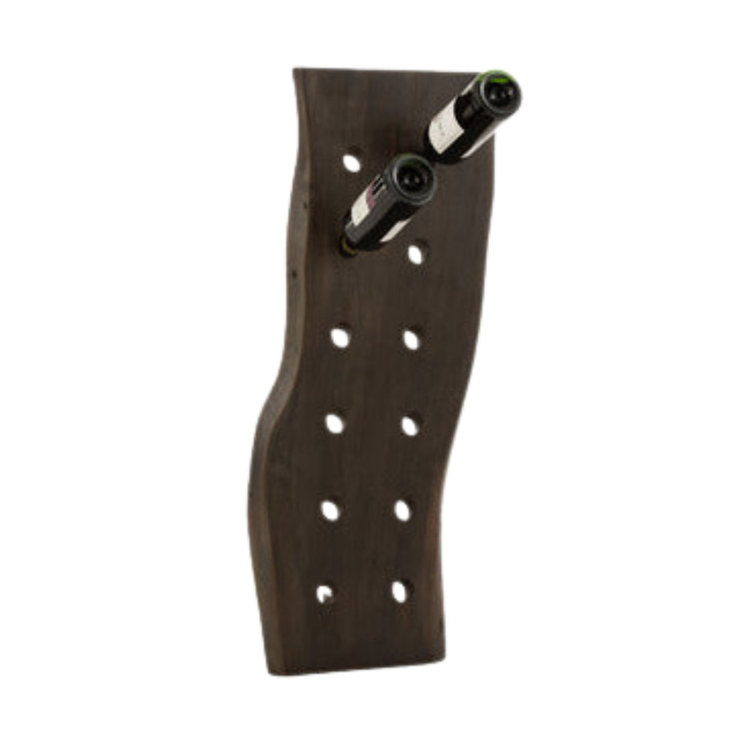 Front view of Pirate mango wood wall-mounted bottle rack holding wine bottles.