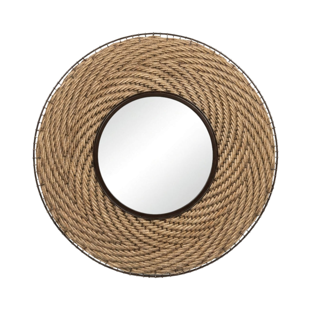 Front view of the Ponta jute mirror showcasing its circular shape and woven natural jute frame.