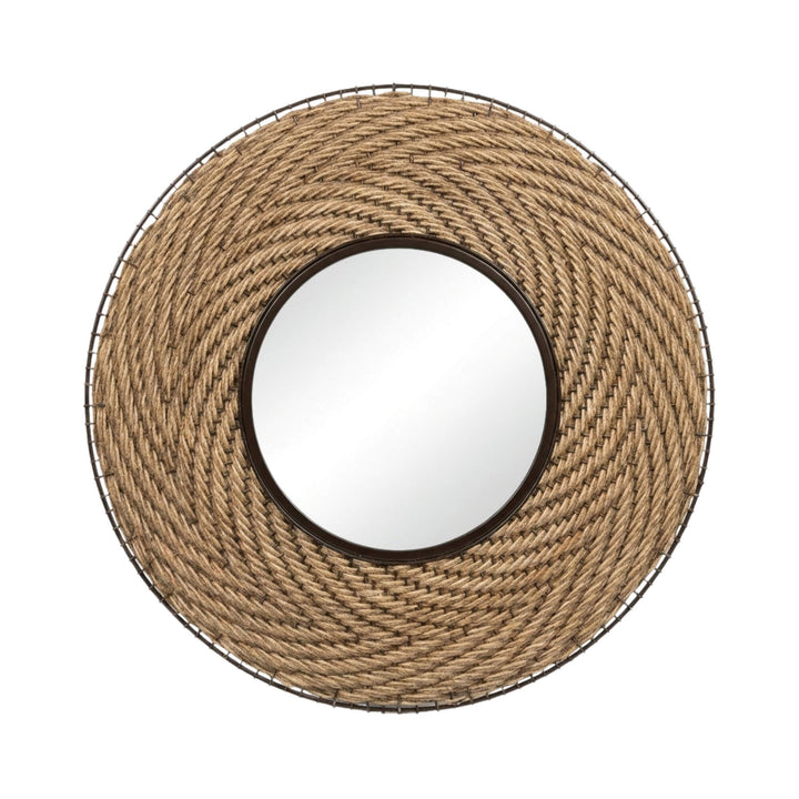Front view of the Ponta jute mirror showcasing its circular shape and woven natural jute frame.