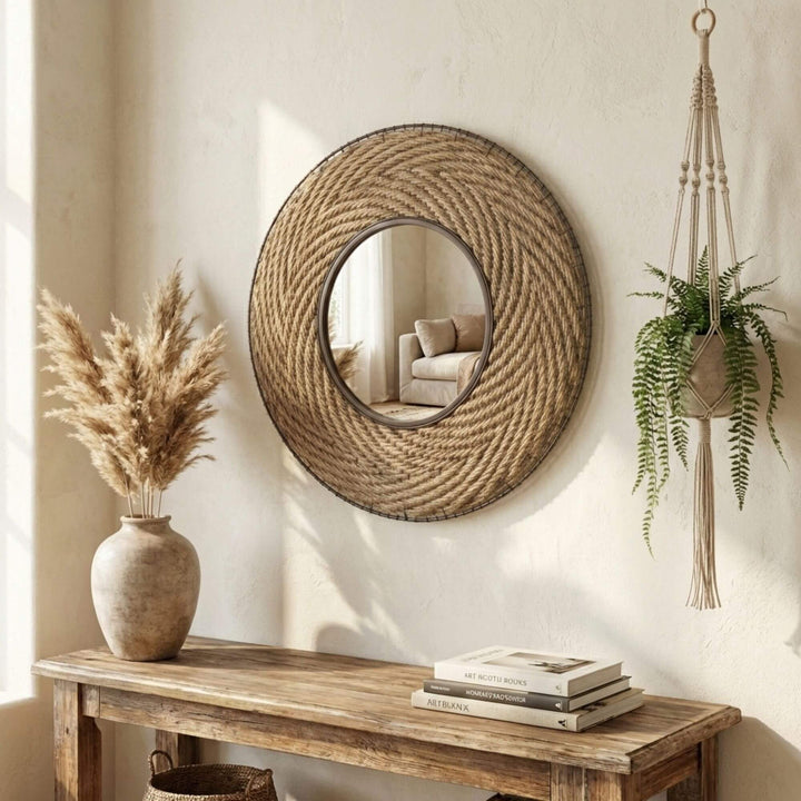 Styled interior setting featuring the Ponta jute mirror above a wooden console table.